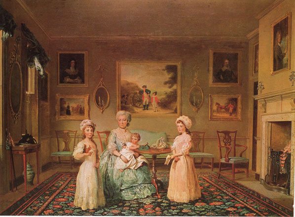 Phillip Reinagle painted Mrs Congreve and her children in their fashionable London Drawing Room in 1782. The furniture and mirrors in the room are influenced by the designs of cabinetmaker Thomas Chippendale and architect Robert Adam.  Both were involved in reviving the classical influence on architecture, interiors and objet d’art. Everything in the room from the paintings to the chairs, mirrors, porcelain and textiles is of sheer quality, in both design and manufacture. The carpet is highly desirable, probably being an early example of what generically became known as Axminster, named for the town where carpet weaver Thomas Whitty set up shop in 1755 and produced simply splendid woven carpets of superior design and quality.