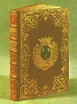 Red morocco binding with Madame de Pompadour's arms. Her books were all bound in leather and gilt with her coat of arms. Her library contained 3,525 volumes. 