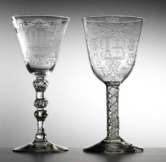Pair Engraved Glasses, diamond point stipple engraving attributed to Dutch engraver David Wolff 1732 - 1798, clear colourless lead glass