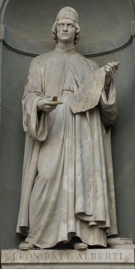 Leon Battista Alberti (1404-72), the epitome of a 'Renaissance man' - Detail of statue of Leon Battista Alberti , 16th century, on the facade of the Uffizi Gallery at Florence