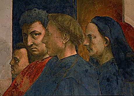 Detail-from-the-fresco-in-the-Brancacci-Chapel-1425-28-thought to be right-to-left,-architect-and-sculptor-Filippo-Brunelleschi,-artist-and-teacher-Leone-Battista-Alberti, and Masaccio-and-his-pupil-Masolino