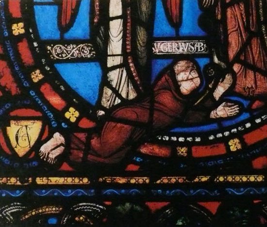 Abbot Suger immortalised in stained glass at St Denis, France
