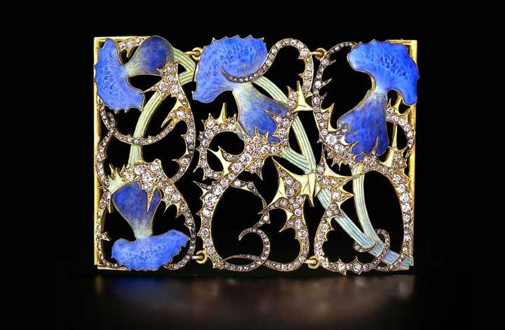 An Art Nouveau gold, diamond and enamel dog collar plaque by Lalique at Masterpiece, London