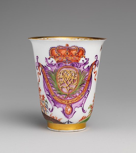 This beaker and saucer were part of a tea and chocolate service given to Vittorio Amadeo II, King of Sardinia (1666-1732) by Augustus the Strong, the Elector of Saxony, under whose patronage the Meissen factory was established. ca/1725 Johann Gregor Höroldt (1696-1775 now in the Metropolitan Museum of Art at New York
