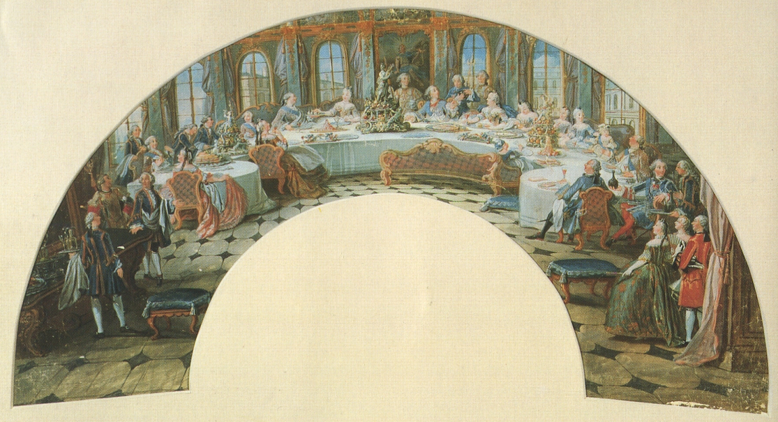 Fan depicting Louis XV dining in style