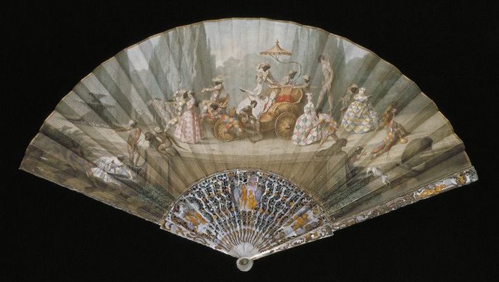 Fan c1750 made by Felicita Tibaldi (1707-77) Watercolour on kid leather with carved and pierceed mother of peral sticks, silvered and gilded courtesy V & A London