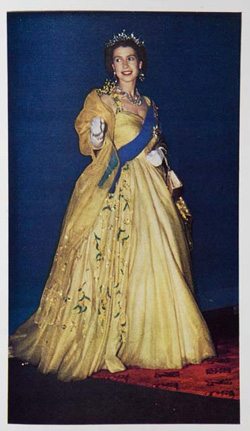 Queen Elizabeth II wearing her Wattle Dress on her Australian Tour
