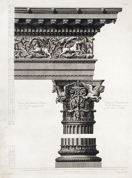 Design of the entablature and Britannic order for the gateway proposed for Carlton House by James Adam (1732-1794) and engraved by D. Cunego 1775 - Private Collection