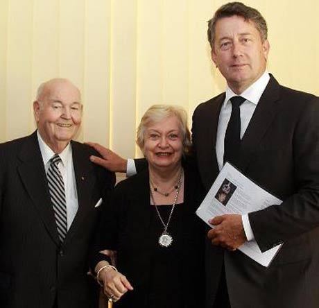 Carolyn McDowall in January, 2013, with Martyn Cook and Life Member of Dogs NSW Robert L. Curtis OAM, at the memorial for Countess Marina Violet ‘Dicky’ Ouvaroff (1931-2012)
