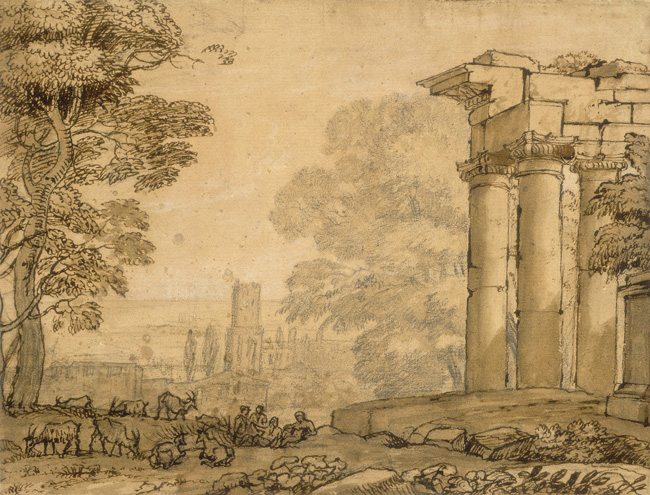 Landscape with ruins, figures and trees a drawing by Claude Lorrain