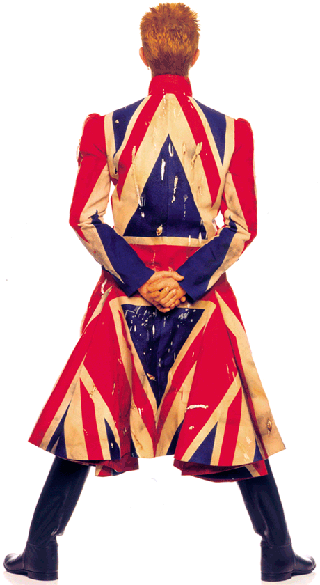 Original photography for the Earthling album cover, 1997 Union Jack coat designed by Alexander McQueen in collaboration with David Bowie Photograph by Frank W Ockenfels 3 © Frank W Ockenfels 3 courtesy V & A Museum at London