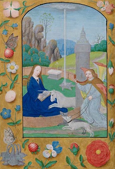 Hunt of the Unicorn Annunciation Book of Hours, use of the Augustinian Canons of the Windesheim Chapter (Hours of the Virgin), and Utrecht (Office of the Dead), in Latin and Dutch. Netherlands, Utrecht, ca. 1500. MS G.5, fols. 18v–19. William S. Glazier Collection, given 1984 courtesy The Morgan Library & Museum