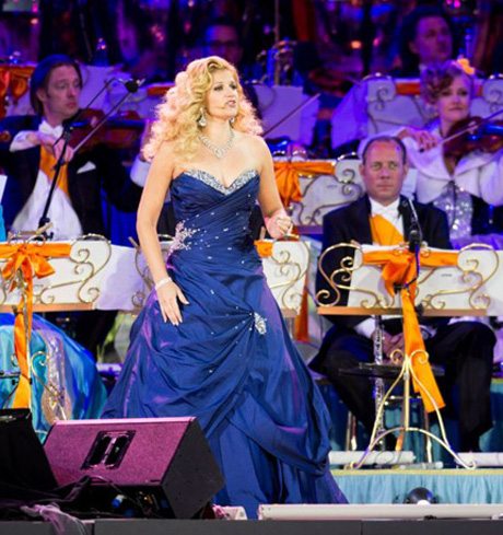 Queensland performer Mirusia, on stage at Amsterday with André Rieu and his orchesstra, performing Time to Say Goodbye