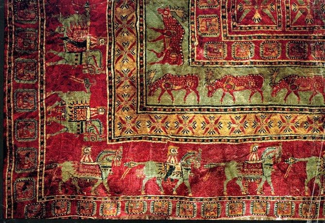 Pile Carpet (fragment) Eastern Altai, Pazyryk Burial Mound 5  5th-4th centuries BC  Wool courtesy State Hermitage Museum, St Petersburg  