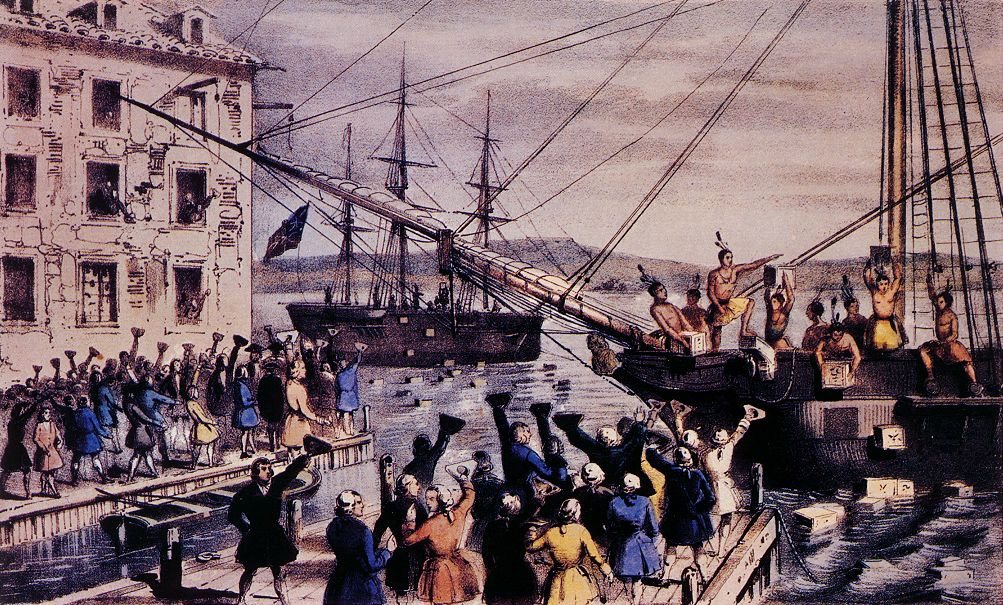 Boston Tea Party from an engraving by Currier, coloured