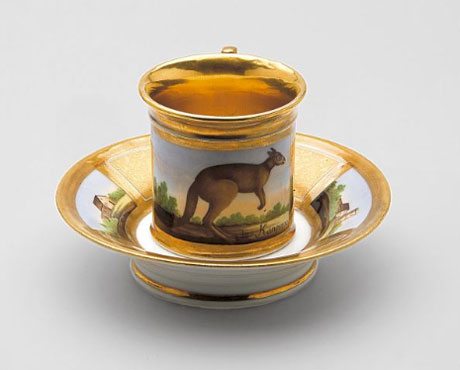 Paris Porcelain, part zoological service - cup & saucer A Kangaroo & a Tasmanian Devil. Paris, circa 1805 courtesy David Roche Foundation, Adelaide