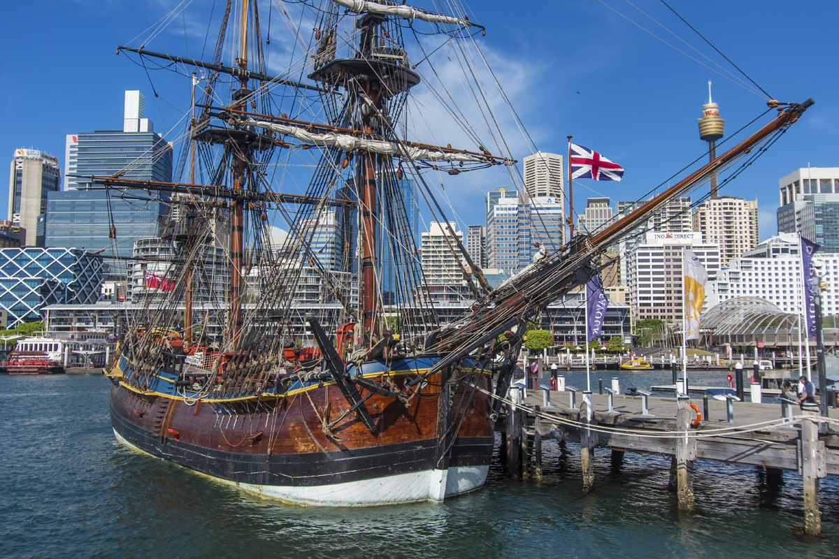 The replica of Captain Cook's first expedition ship, the HMB Endeavour, in dock at the National Maritime Museum; Sydney, Australia, at Darling Harbour
