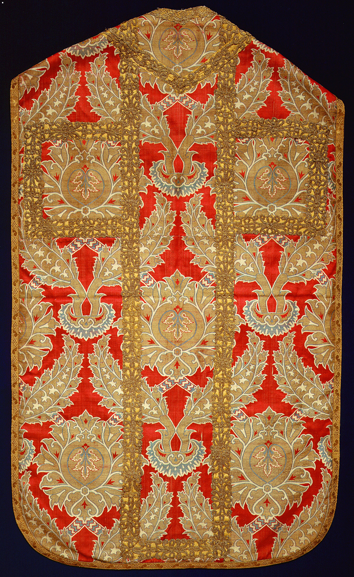 Chasuble  Europe (southern Germany or Austria?), 17th century  Textile: Turkey, 17th century, Lampas, silk, metal-wrapped thread, with metallic braid 46 in. x 27 ½ in. (116.8 x 69.9 cm) The Metropolitan Museum of Art, Gift of J. Pierpont Morgan, 1906 