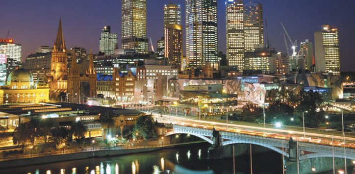 View of Melbourne skyline at night from Southbank
