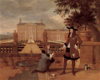 King Charles II being presented with the symbol of hospitality, the pineapple that had just been grown in his hothouse, the first in England. In the background is a formal garden ...c1675-80 Oil on Canvas, artist unknown