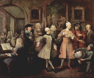 British artist William William Hogarth recorded the morning levée of his country men, who adopted many French customs