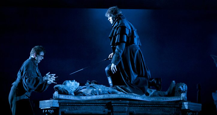 Shane Lowrencev as Leporello, Teddy Tahu Rhodes as Don Giovanni, photo by Lisa Tomasetti, courtesy Opera Australia