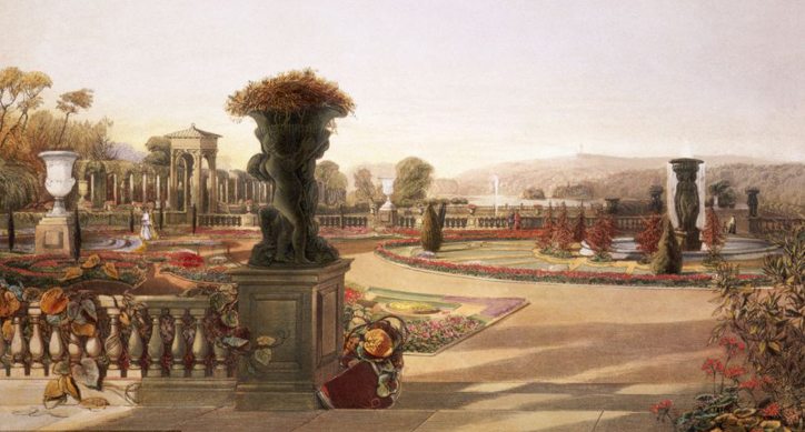 Painted view of the Trentham House garden, all that remains today of a vast estate lost to posterity