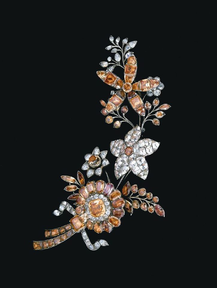 Superb eighteenth-century corsage ornament designed as a spray of flowers set with golden topaz and white pastes, French, c. 1760 by courtesy Powerhouse Museum, Sydney. Donated through the Australian Government Cultural Gifts Program by Anne Schofield AM, 2002 photo by Richard Gates Photography