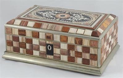 Victorian Agate & Pietre Dure Jewellery Box, felt lined. C.1870