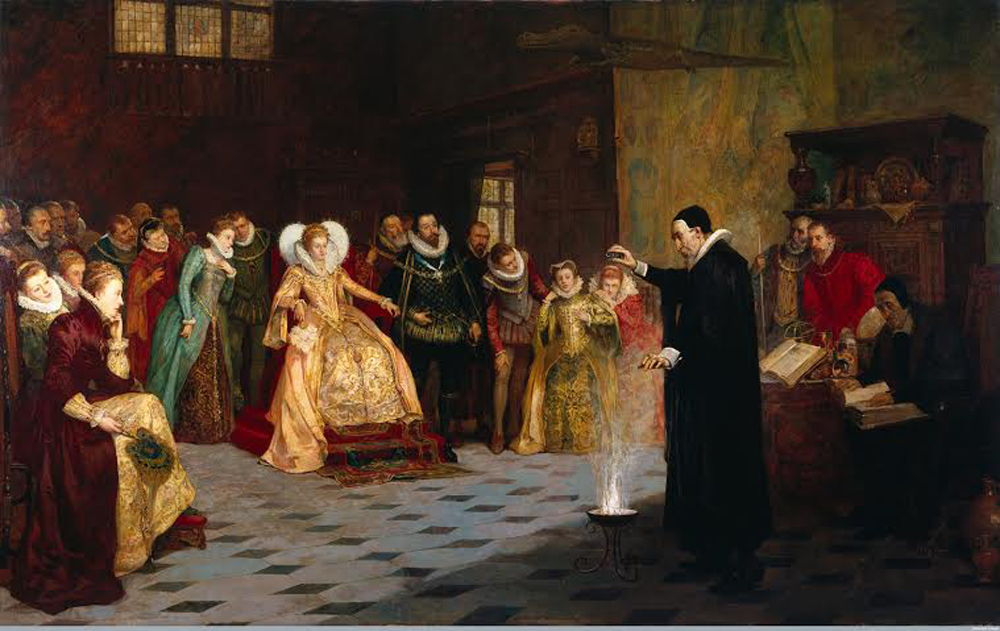John Dee performing an experiment before Queen Elizabeth I courtesy Wellcome Library, London. 