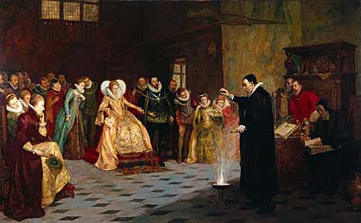 John Dee performing an experiment before Queen Elizabeth I courtesy Wellcome Library, London. 