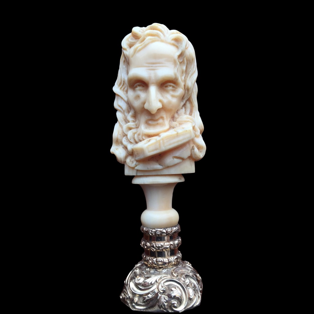 Ivory seal of Niccolo Paganini (1782 -1840) with his Stradivarius violin under his chin. The rock crystal seal underneath is engraved with the music of his most famous piece 24 Caprices for the Solo Violin, Opus 1 courtesy J.B. Hawkins Antiques, Tasmania
