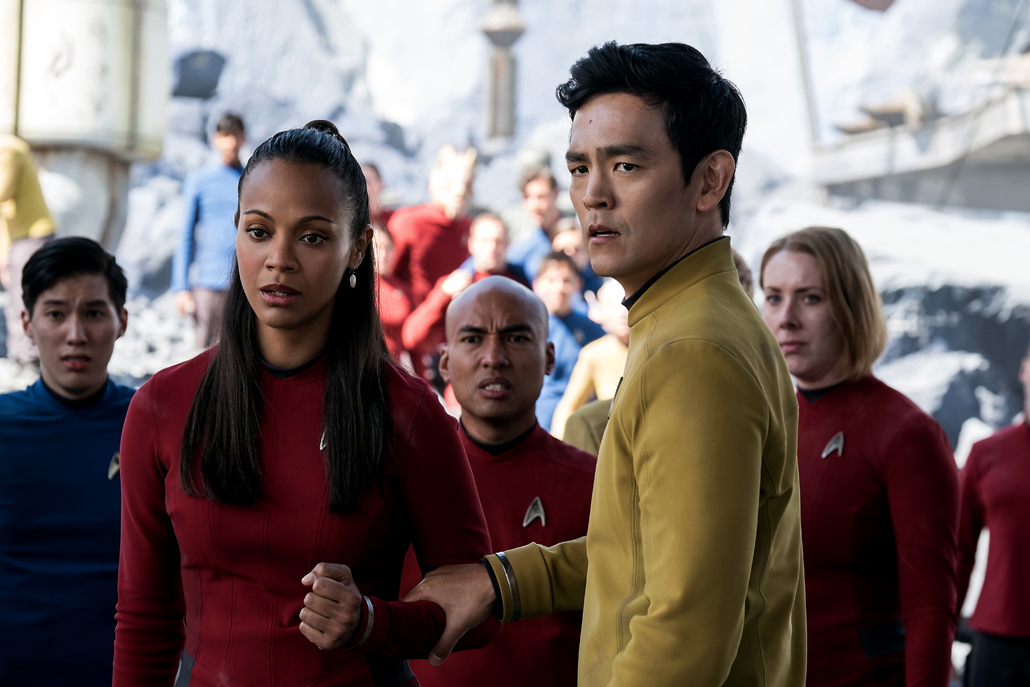 Zoe Saldana as Lieutenant Uhura and John Chu as Sulu, Star Trek Beyond