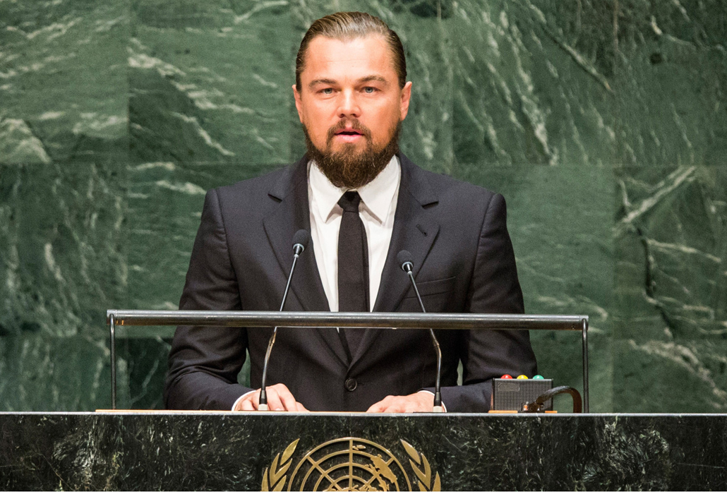 NEW YORK, NY - SEPTEMBER 23:  Actor Leonardo DiCaprio speaks at the United Nations Climate Summit on September 23, 2014 in New York City.  The summit, which is meeting one day before the UN General Assembly begins, is bringing together world leaders, scientists and activists looking to curb climate change.  (Photo by Andrew Burton/Getty Images)
