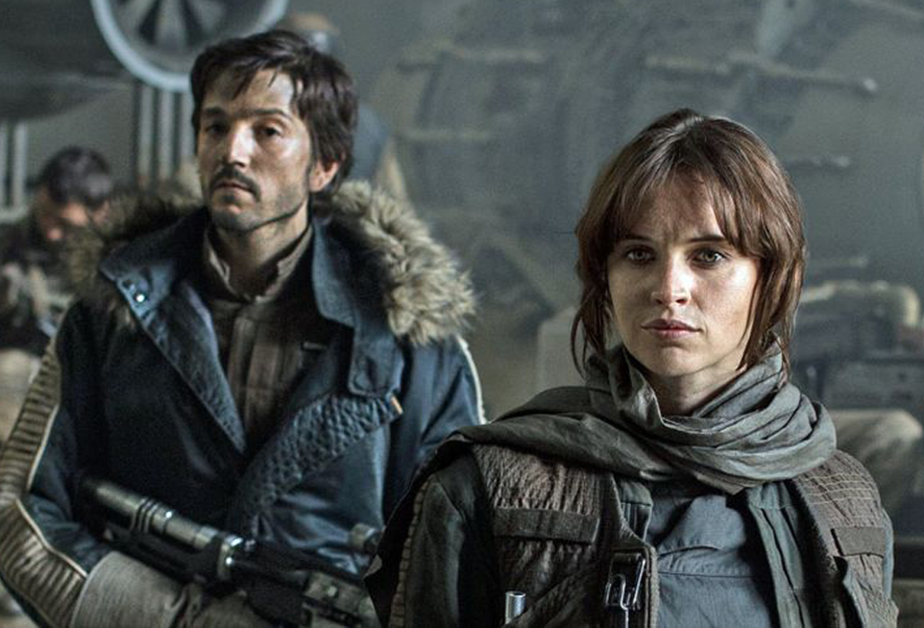 Diego Luna as Cassian Andor and Felicity Jones as Jyn Erso in Rogue One: A Star Wars Story