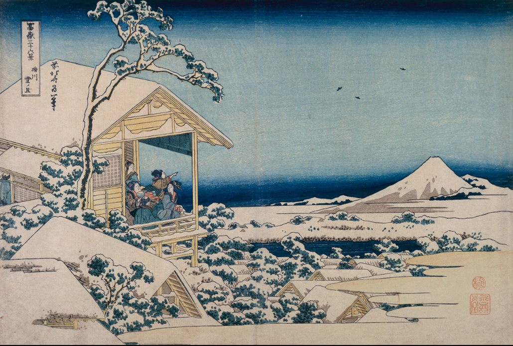 Snowy morning, Koishikawa from Thirty-six views of Mt Fuji. Colour woodblock, 1832, courtesy British Museum