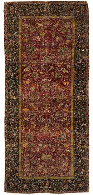 The Emperor's Carpet: Second Half 16th century, attributed to Iran, Silk (warp and weft), wool (pile); asymmetrically knotted pile, Rug 759.5 cm x 339.1 cm, Rogers Fund, 1943, courtesy The Metropolitan Museum of Art New York.