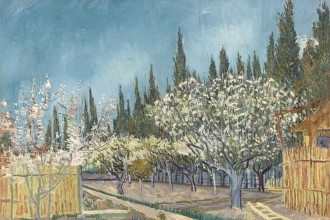 Vincent van Gogh, Dutch 1853–90, Orchard in Blossom, Bordered by Cypresses 1888, oil on canvas, 64.9 x 81.2 cm, Kröller-Müller Museum, Otterlo, © Kröller-Müller Museum