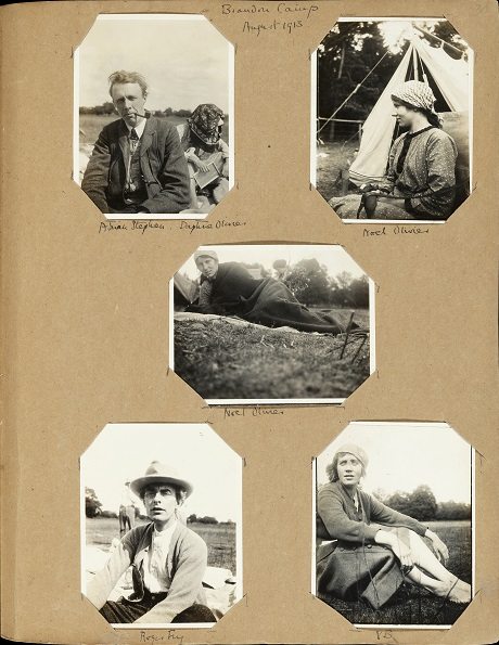 Photographic album page featuring photographs from Brandon Camp, August 1913- From top left: Julian Stephen, Daphne Olivier, Noel Olivier, Noel Olivier,  Roger Fry, Vanessa Bell