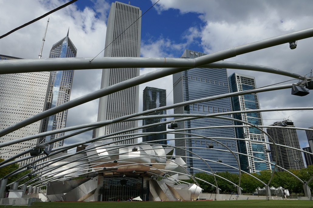 Space age architectural design in the Jay Pritzker Pavilion, Millennium Park, Chicago. Photograph by Belinda McDowall