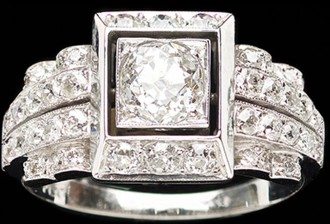 Art Deco style platinum diamond ring set with a central diamond (0.72ct H )in a square setting, the shoulders set with 3 rows of small diamonds , courtesy Anne Schofield Antiques, Queen Street, Woollahra, Sydney, Australia