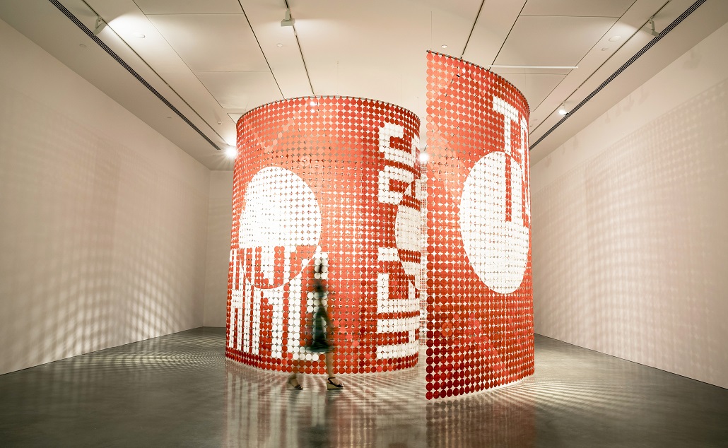 Rose Nolan, Big Words – To keep going, breathing helps (circle work), 2016–17, installation view, The National 2017: New Australian Art, Museum of Contemporary Art Australia, Sydney, synthetic polymer paint, hessian, velcro, steel, supported by the Victorian Government through Creative Victoria, image courtesy the artist and Anna Schwartz Gallery © the artist, photograph: Ken Leanfore