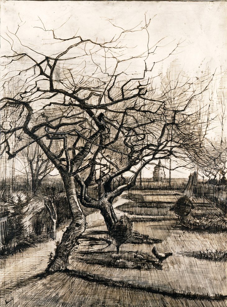 Vincent van Gogh Dutch 1853–90 The parsonage garden at Nuenen in winter mid March 1884 Nuenen pen and brown ink with white heightening 51.5 x 38.0 cm Museum of Fine Arts, Budapest Gift of Pál Majovszky, 1934 (1935-2791)