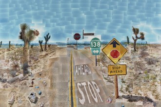 David Hockney, Pearblossom Hwy., 11 - 18th April 1986, #2, April 11-18, 1986, Chromogenic prints mounted on paper honeycomb panel, 181.6 × 271.8 cm (71 1/2 × 107 in.), The J. Paul Getty Museum, Los Angeles, © 1986 David Hockney, 97.XM.39