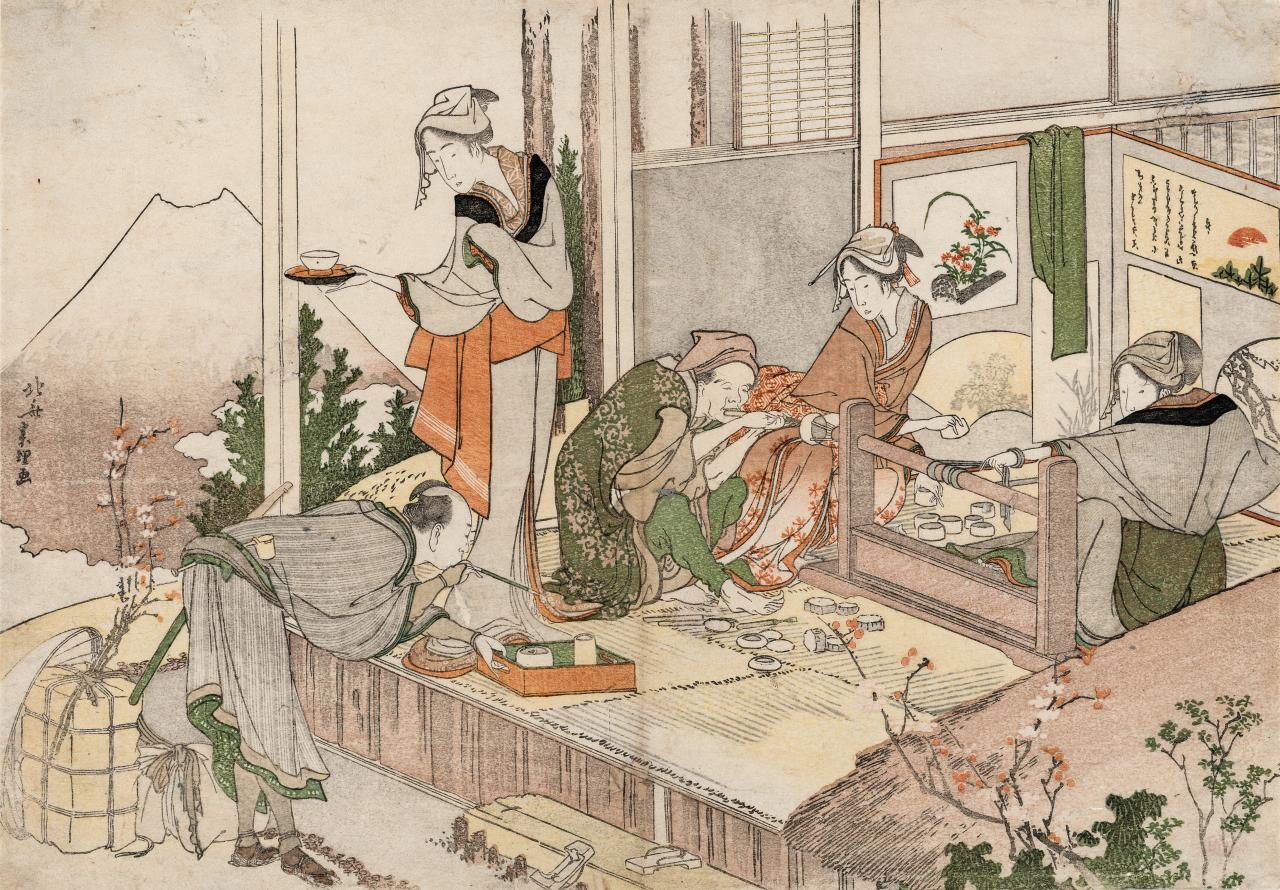 Katsushika Hokusai The craftsman’s workshop near Mt Fuji (Fujisan sobani aru shokunin no shigotoba) 1798 from The mist of Sandara (Sandara kasumi) album colour woodblock 21.8 x 31.0 cm (image and sheet) The Japan Ukiyo-e Museum, Matsumoto