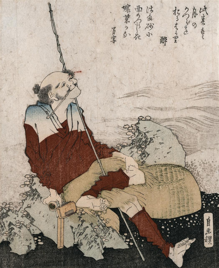 Fisherman on the seashore rock (Ry?shi zu (jigasan))' 1830s colour woodblock 20.9 x 17.3 cm (image and sheet) courtesy National Gallery of Victoria 