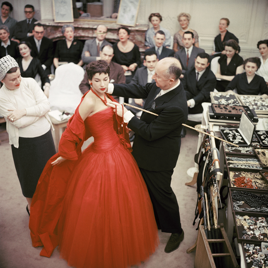 Christian Dior with fashion model Victoire wearing the "Zaire" dress (Autumn Winter Haute Couture collection, H line) 1954 © 2013 Mark Shaw