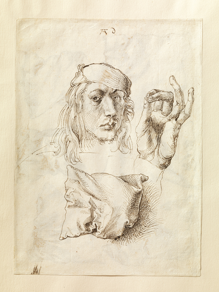 Self-portrait, Study of a Hand and a Pillow (recto); Six Studies of Pillows (verso), Albrecht Dürer (German, Nuremberg 1471–1528 Nuremberg), 1493, Pen and brown ink, courtesy The Metropolitan Museum of Art New York, Robert Lehman Collection 1975