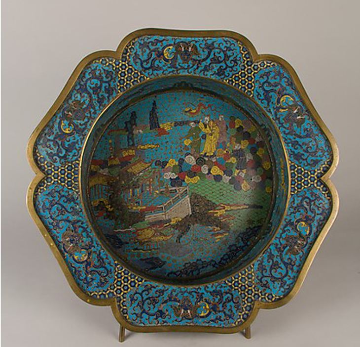 Bowl with Scene of Daoist Immortals, 17th century China, Qing dynasty (1644–1911) Cloisonné enamel on copper; H. 5 3/8 in. (13.7 cm); Diam. 22 1/2 in. (57.2 cm); Diam. of foot: 16 in. (40.6 cm) The Metropolitan Museum of Art, New York, Gift of Edward G. Kennedy, 1929 