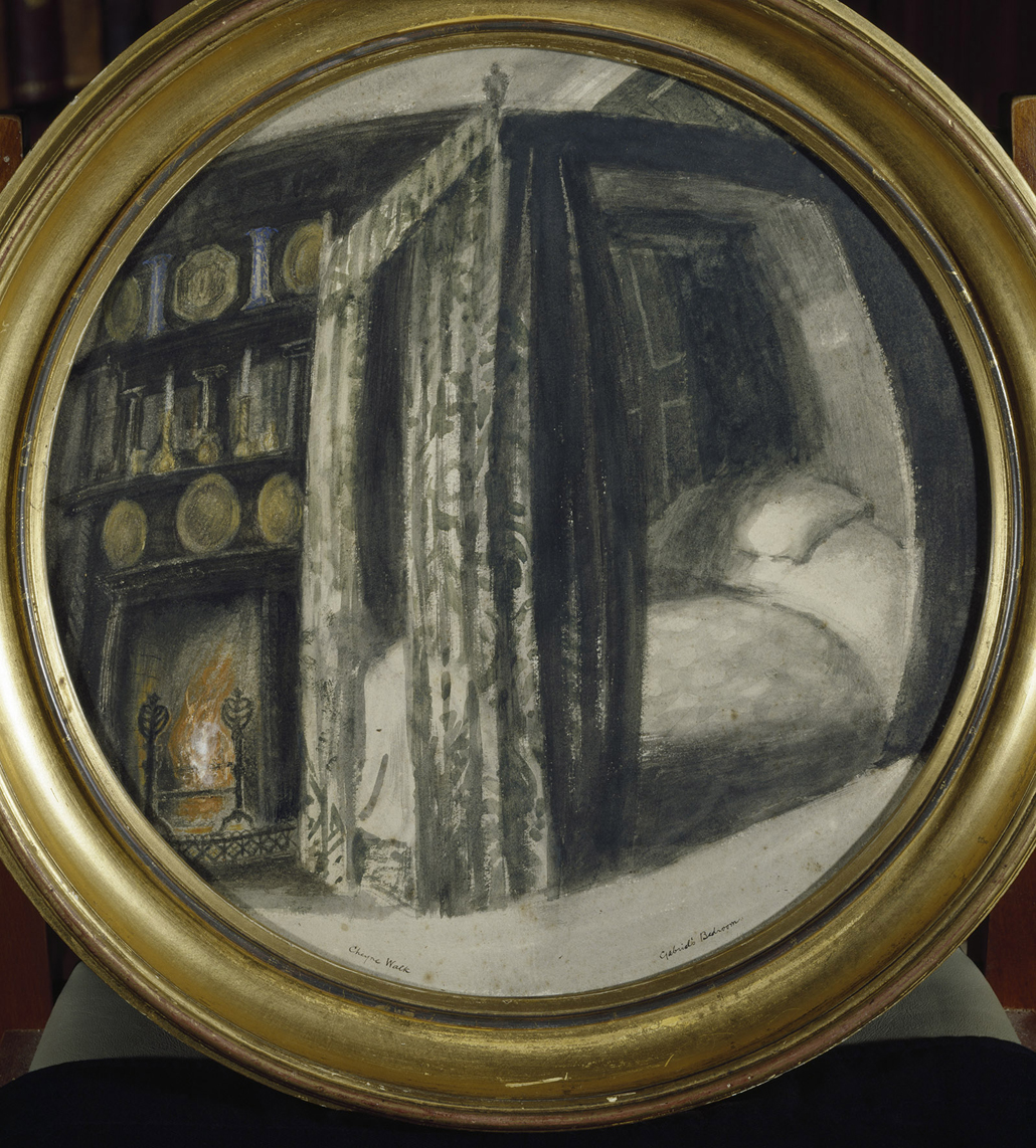 Dante Gabriel Rossetti; Detail Mirror, Bedroom at Cheyne Walk, by Henry Treffry Dunn (1838-1899), c.1882, in the Dining Room at Wightwick Manor. Watercolour on paper, diameter 33cm. Credit line: Wightwick Manor, (The National Trust), ©NTPL/John Hammond